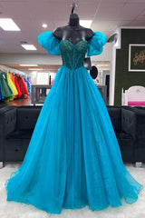 Blue Off-the-Shoulder Beaded A-line Tulle Long Prom Dress