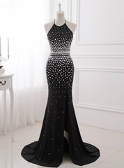 Crystal Mermaid Black Mermaid Prom Dresses Sexy Backless Halter