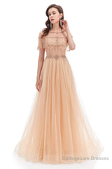 Crystal O-Neck Sleeveless A Line Tulle Prom Dresses