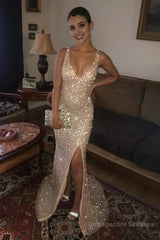 Custom Made Sparkly Sequined V Neck Golden Long Prom Dresses with Leg Slit, Shiny Golden Formal Dresses, Evening Dresses, Graduation Dresses