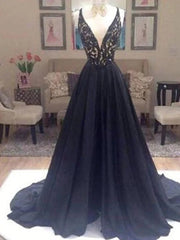 Custom Made V Neck Sweep Train Long Black Lace Prom Dresses, Black Long Lace Formal Dresses