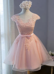 Custom Pink Lovely Cap Sleeves Knee Length Formal Dress, Pink Tulle Prom Dress