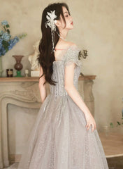 Cute A-line Light Grey Off Shoulder Shiny Tulle Prom Dresses, Light Grey Party Dresses