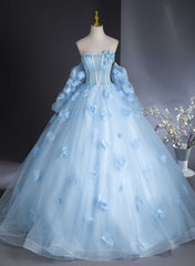 Cute Blue Tulle With Flowers Long Formal Dresses, Blue Evening Gown Sweet 16 Dresses