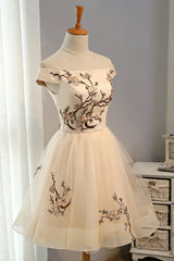 Cute Champagne Off Shoulder Knee Length Prom Dresses , Lovely Formal Dresses