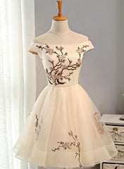 Cute Champagne Off Shoulder Knee Length Prom Dresses , Lovely Formal Dresses