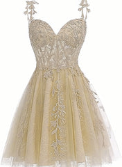 Cute Champagne Tulle Short Lace Homecoming Dresses, Sweetheart Knee Length Party Dresses