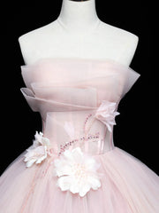 Cute Pink Ball Gown Tulle with Flowers Sweet 16 Dresses, Pink Tulle Party Dresses