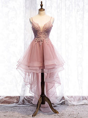 Cute Pink High Low Tulle with Lace Prom Dresses High Low Homecoming Dresses prom Dresses shops