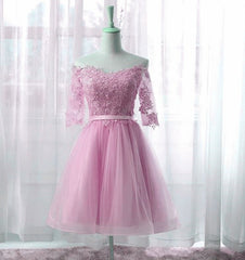 Cute Pink Knee Length Short Sleeves Party Dress, Tulle Prom Dress