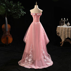 Cute Pink Off Shoulder High Low Tulle with Lace Party Dress, Pink Homecoming Dresses