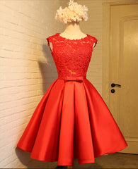 Cute Red Homecoming Dresses, Round Neckline Lace and Satin Party Dresses