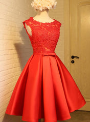 Cute Red Homecoming Dresses, Round Neckline Lace and Satin Party Dresses