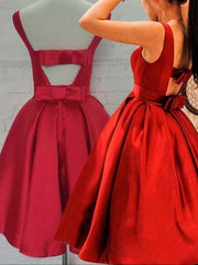 Cute Red Satin Scoop Sleeveless Short Party Dresses, Red Homecoming Dress