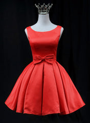 Cute Red Satin Short Party Dresses Prom Dresses, Red Round Neckline Homecoming Dresses