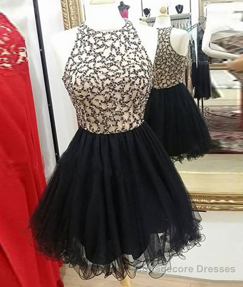 Cute Round-Neck Sequin Tulle Short Black Prom Dresses, Black Homecoming Dresses