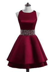 Cute Satin Knee Length Cross Back Beaded Party Dresses, Homecoming Dresses