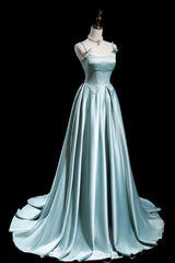 Cute Satin Long A-Line Prom Dresses, Ice Blue Spaghetti Straps Evening Dresses