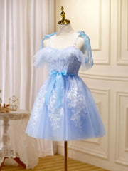 Cute Short Blue Lace Prom Dresses, Short Blue Lace Formal Graduation Dresses