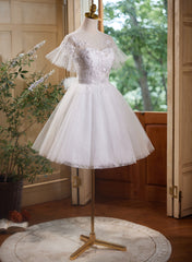 Cute White Tulle with Lace Short Party Dresses, White Graduation Dresses