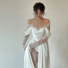 Ivory Lace Satin Wedding Dresses, Off The Shoulder Bridal Dresses