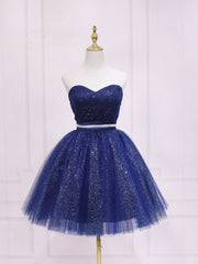 Dark Blue Sweetheart Neck Tulle Sequin Short Prom Dress Blue Puffy Homecoming Dress