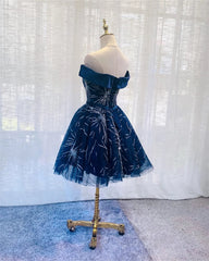 Dark Blue Tulle Off Shoulder Knee Length Party Dress, Blue Homecoming Dresses