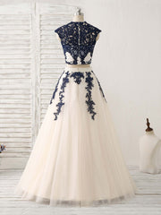 Dark Blue Two Pieces Lace Tulle Long Prom Dress Blue Evening Dress