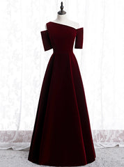 Dark Burgundy Velvet Irregular Neck Short Sleeve Prom Dresses