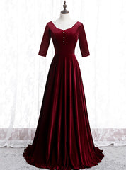 Dark Burgundy Velvet Short Sleeve Prom Dresses With Pearls