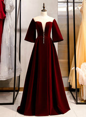 Dark Burgundy Velvet Short Sleeve See Through V-neck Prom Dresses