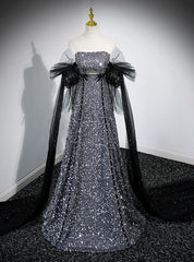 Dark Gray Sequins Strapless Prom Dresses