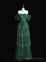 Dark Green A Line Off-the-shoulder Layered Shiny Tulle Prom Dress