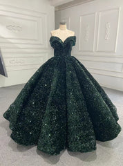 Dark Green Ball Gown Sequins Off the Shoulder Prom Dresses