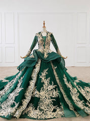 Dark Green Ball Gown Tulle Appliques V-neck Long Sleeve Wedding Dresses