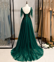 Dark Green Beaded Tulle Straps A-line Formal Dresses, Green Evening Dresses Prom Dresses