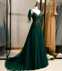 Dark Green Beaded Tulle Straps A-line Formal Dresses, Green Evening Dresses Prom Dresses