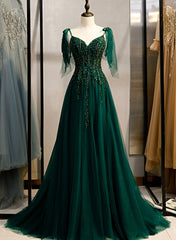 Dark Green Beaded Tulle Straps A-line Formal Dresses, Green Evening Dresses Prom Dresses