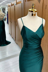 Dark Green Mermaid Satin Long Prom Dresses