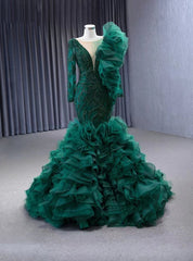 Dark Green Mermaid Tulle Beading Prom Dress