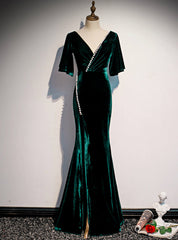 Dark Green Mermaid Velvet Short Sleeve V-neck Prom Dresses