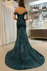 Dark Green Off Shoulder Mermaid Prom Dress with Slit