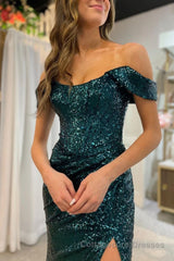 Dark Green Off Shoulder Mermaid Prom Dress with Slit