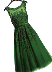 Dark Green Round Neckline Tea Length Lace Party Dresses, Wedding Party Dresses