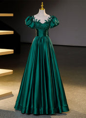 Dark Green Satin Ball Gown Sweet 16 Dress, Green Long Formal Dress Party Dress