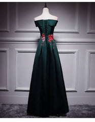 Dark Green Satin Off Shoulder Floor Length Satin Party Dress, Green Prom Dress Formal Dress