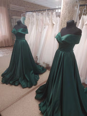 Dark Green Satin Off Shoulder Long Formal Dress with Slit, Long Evening Dresses