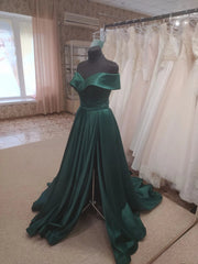 Dark Green Satin Off Shoulder Long Formal Dress with Slit, Long Evening Dresses