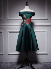 Dark Green Satin Off the Shoulder Appliques Tea Length Prom Dresses