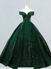 Dark Green Sequins Off Shoulder Ball Gown Sweet 16 Dress, Dark Green Prom Dress